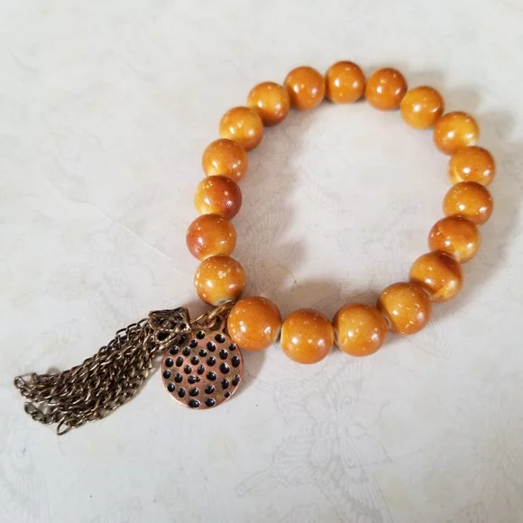 Hand Crafted Boho Beaded Gold Tone Charm Stretch Bracelet - Picture 16 of 16